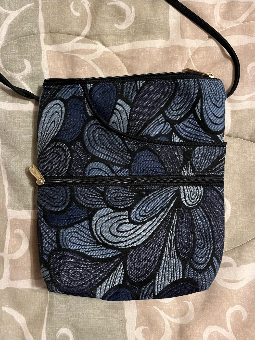 Danny K. Black Blue Gray “Splash” Abstract Crossbody Bag Zip, Pockets Lined